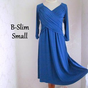 BLUE DRESS, SMALL w LINING THAT SLIMS! CLASSY FAUX WRAP SWING LONG SLEEVE MIDI